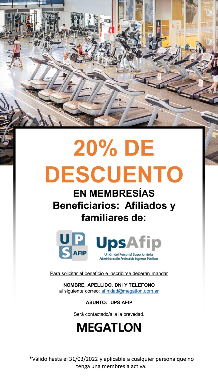 Beneficio en Megatlón para afiliados y familiares de UPSAFIP