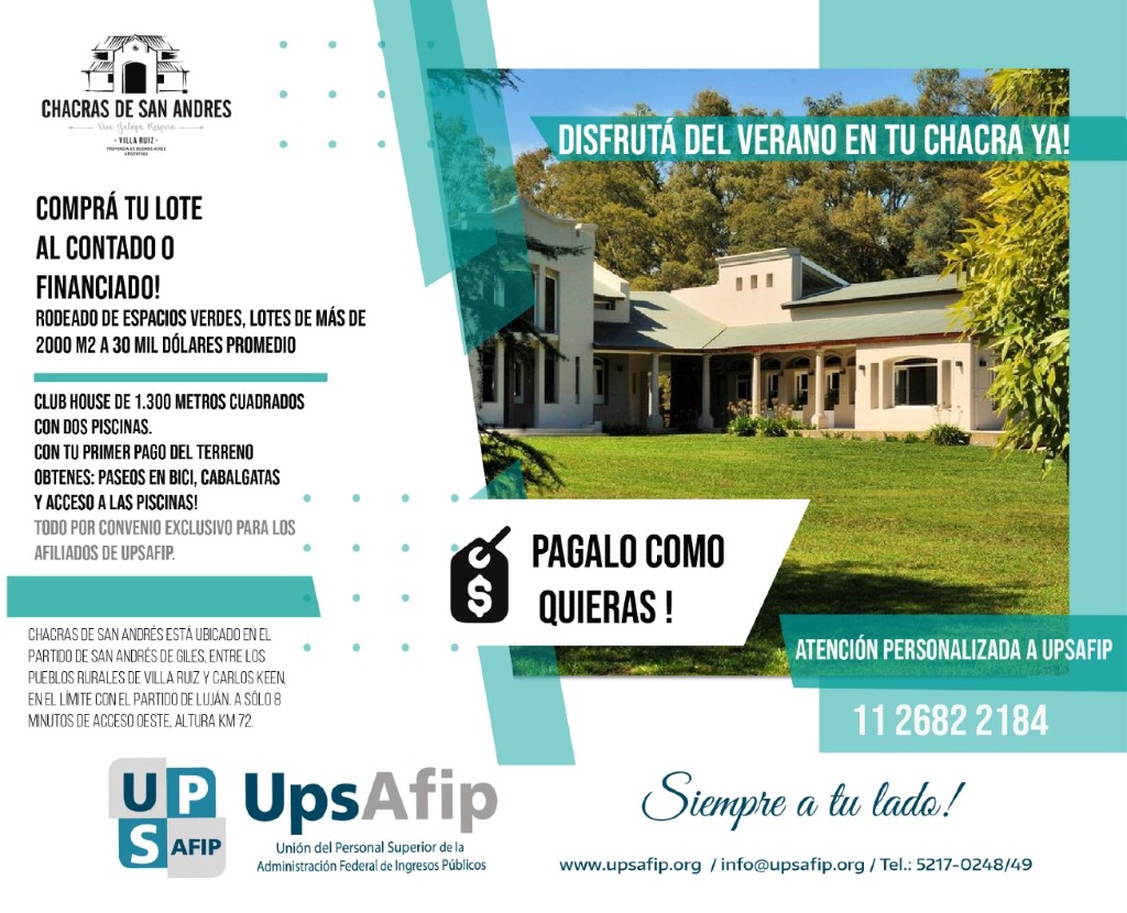 Convenio exclusivo para afiliados de UPSAFIP: Chacras de San Andrés